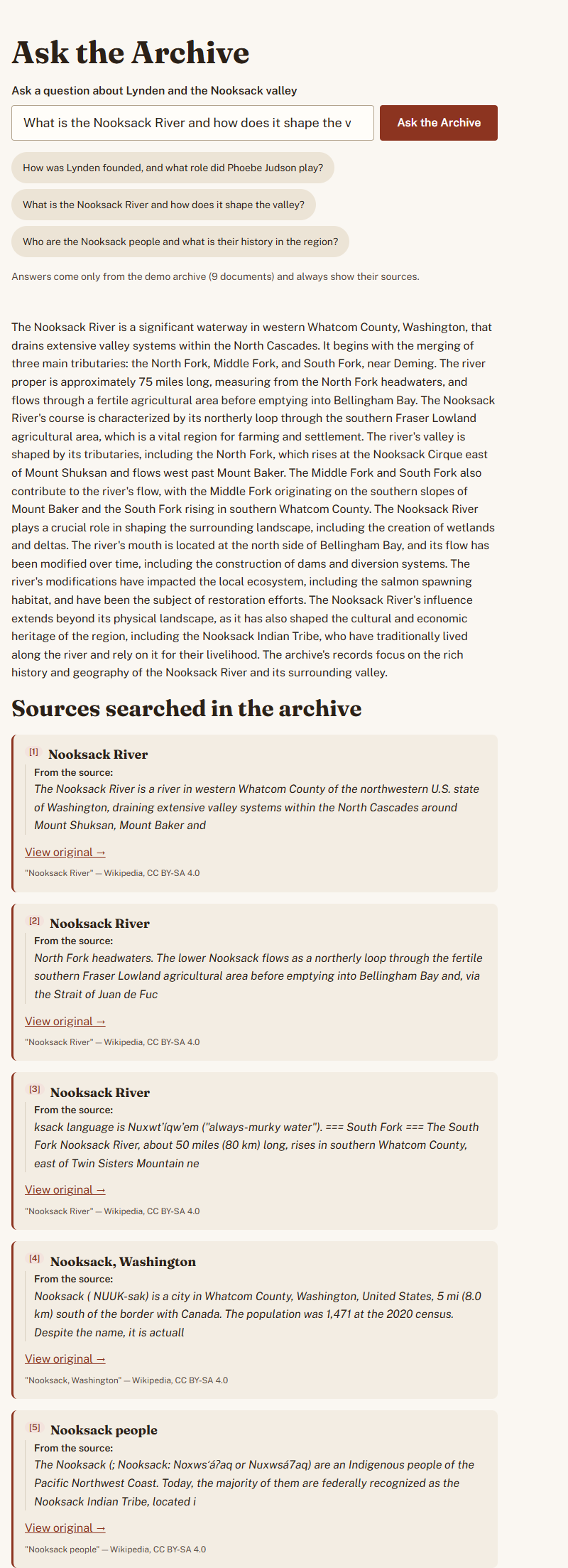 Ask-the-Archive demo: a plain-English question answered with five cited source cards